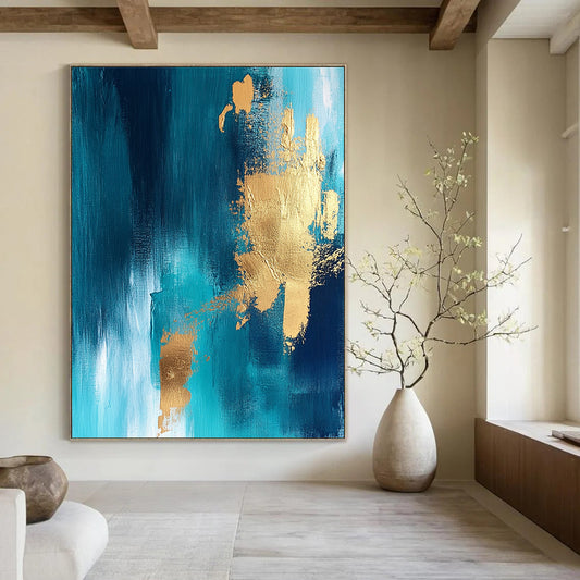 Contemporary abstract artwork featuring vibrant blue and gold foil accents against a rich teal background perfect for modern decor. DLZ0342