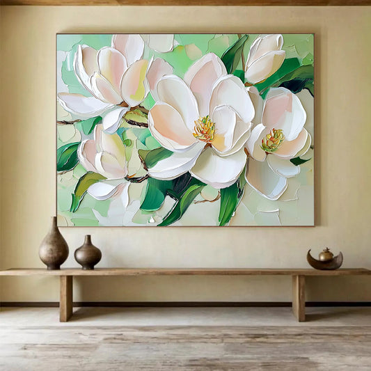 “Pastel Magnolias on Green” - White, Pink, Green, Pastel - colored magnolias on green - Impasto Oil Painting HB1788