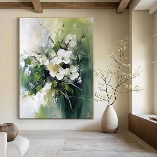 Contemporary abstract painting features white flowers and green leaves with a luminous palette and blurred edges on a neutral green background. DLZ0670