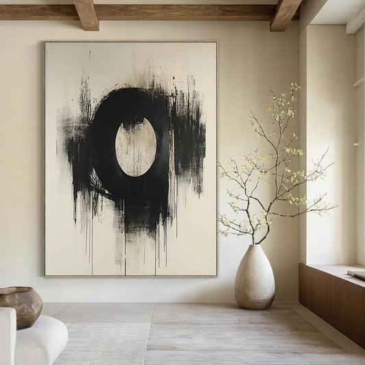 Contemporary abstract masterpiece featuring an oval in dark grey and beige on canvas with a textured finish showcasing artistic elegance. DLZ0859