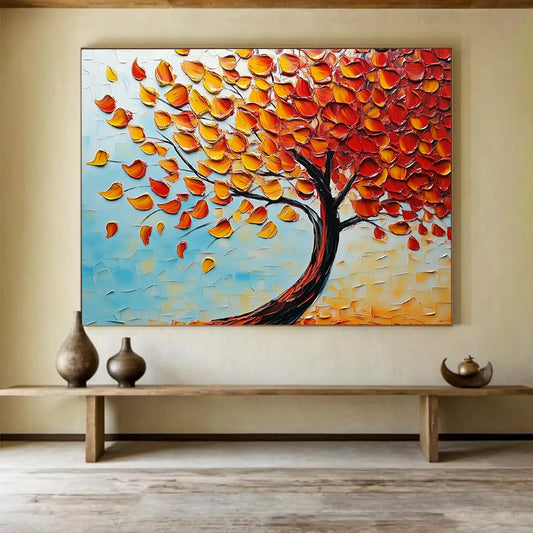 “Textured Autumn Tree” - Orange, Yellow, Red Leaves, Blue Sky, Palette Knife Landscape Painting On Canvas HB1100