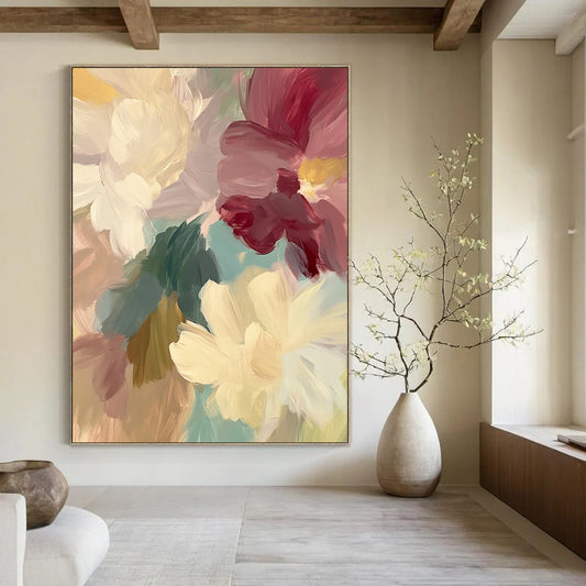 Contemporary abstract painting features loose brush strokes soft colors and large muted flowers creating a vintage dreamy mood with intricate details. DLZ0383