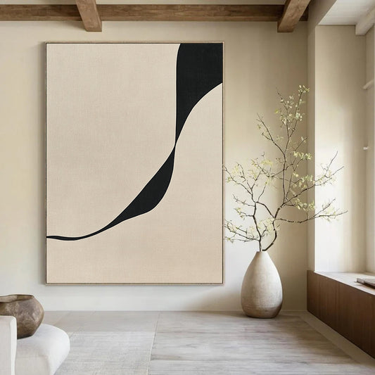 Contemporary abstract art featuring a minimalist design with a curved line on a textured beige and black canvas for a refined aesthetic. DLZ1131