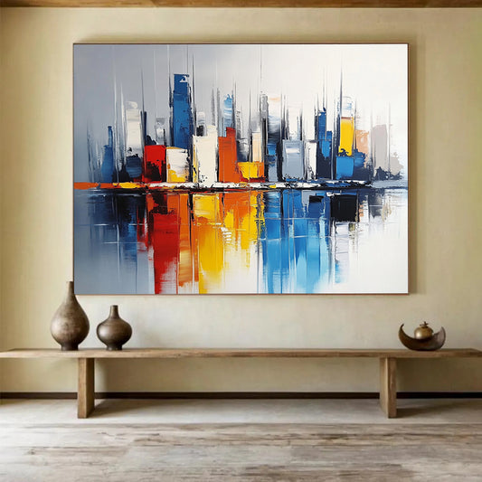 “Colorful Cityscape Reflection” - Colorful, Urban Skyscrapers, Reflection in Water Painting On Canvas HB0848