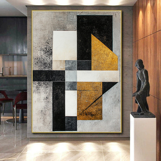 Gray, White, Black, Gold with Mixed Shapes "Textured Fusion" Abstract Painting On Canvas HB016