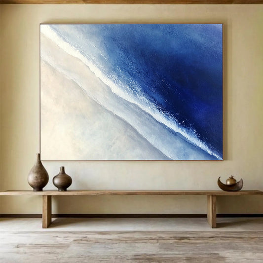 Blue Sea and White Sand Aerial View - Minimalist Coastal Painting On Canvas HB0488