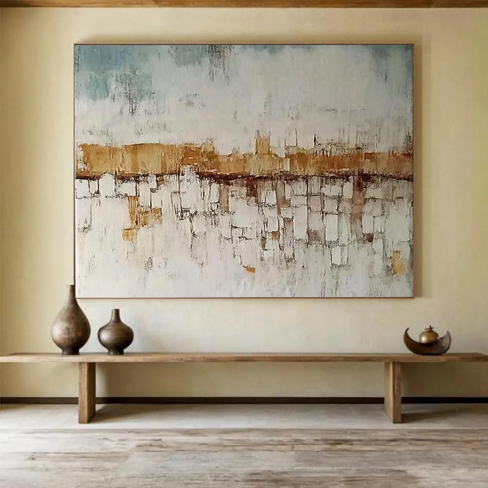 Blue, White and Brown Abstract Cityscape "Hazy Horizon" Painting On Canvas HB0417