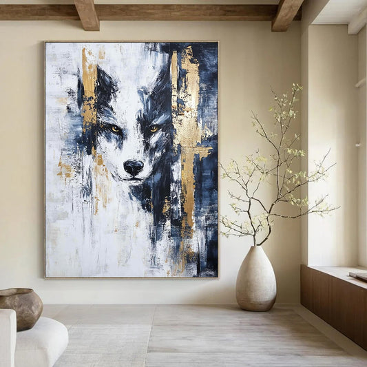 Large contemporary hand-painted abstract artwork featuring blue black white textures with intricate gold accents in a striking modern style. DLZ0359