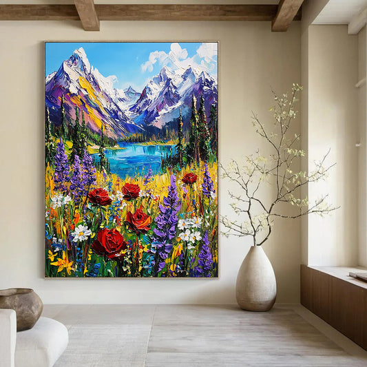 Contemporary hand-painted abstraction featuring vibrant British Columbia mountains snow-capped peaks lush forests and colorful wildflowers in an alpine meadow. DLZ1498