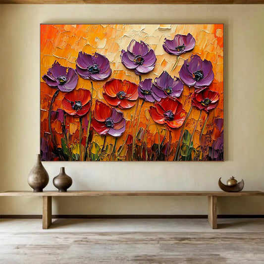 “3D Purple - Red Poppies” - Sculptural purple and red poppies on an orange backdrop, Impasto Floral Painting On Canvas HB0543