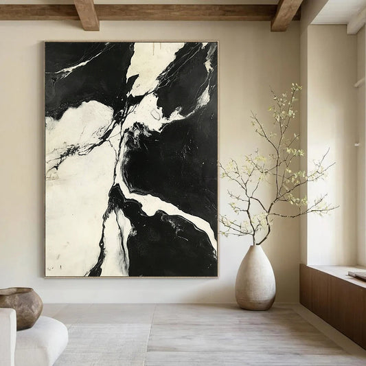 Contemporary hand-painted abstract art showcasing a striking black-and-white aerial view of high-contrast marble patterns. DLZ1138
