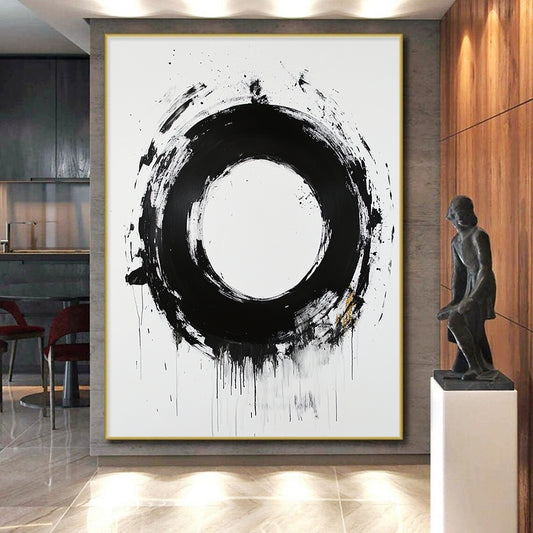 White, Black and Gold Abstract Circle "Expressive Enso" Painting On Canvas HB368