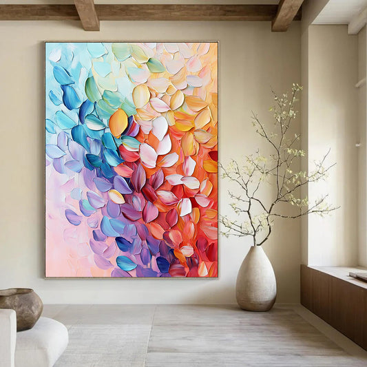 Contemporary hand-painted abstract art featuring textured leaves and vibrant foliage in pink blue purple orange and green with rich details and delicate brushstrokes. DLZ1568