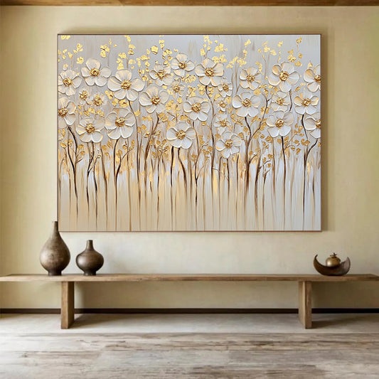 “Gold - Accented White Flowers” - White, Gold, Beige, Textured White Flowers with Gold Details - Impasto Oil Painting HB1781