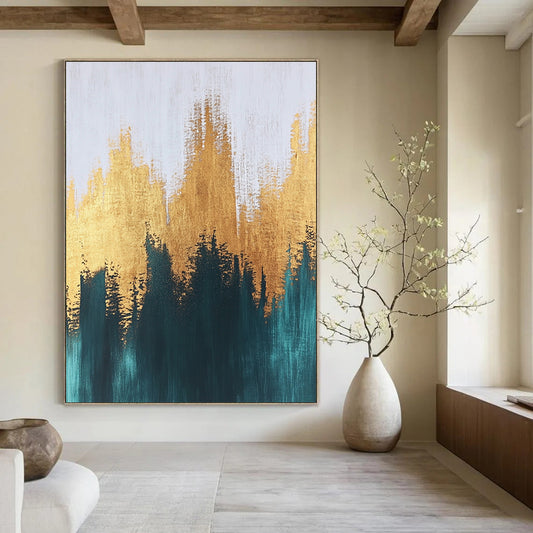 Contemporary abstract painting with textured brush strokes featuring gold and teal hues creating a serene and balanced composition on a large canvas. DLZ0388
