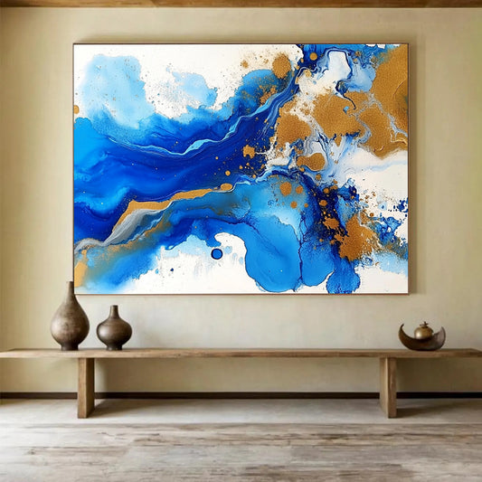 “Blue - Gold Abstract Fluid Waves” - Blue, Gold, White, Fluid Shapes Painting On Canvas HB0842