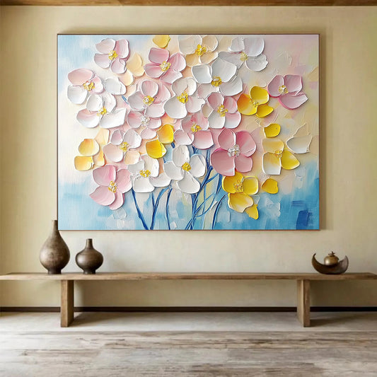 “3D Floral Burst” - Soft pinks, whites, yellows, blues; Textured, raised flower blooms; Impasto Floral Painting On Canvas HB1156
