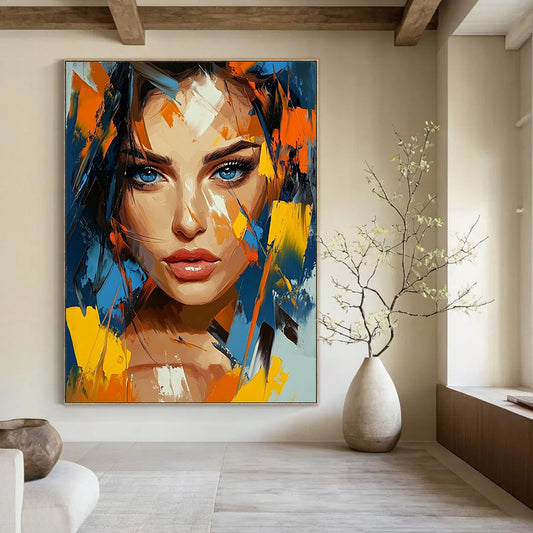 Contemporary abstract artwork featuring vivid colors and geometric shapes with expressive brushstrokes capturing a woman's beauty and depth. DLZ1130