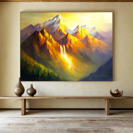 “Golden Mountain Waterfall” - Oranges, Yellows, Greens, Mountain with Waterfall in Golden Light - Dramatic Oil Painting HB1712