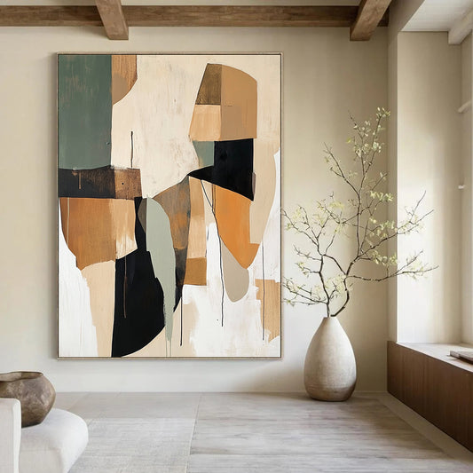 Contemporary abstract painting showcases loose brushwork with earthy beige and sage green shapes accented by brown black white and orange. DLZ0755