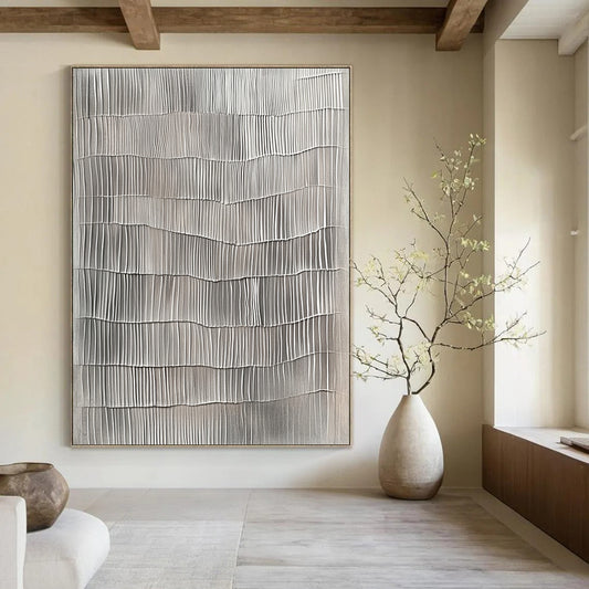 Contemporary hand-painted abstract art features textured gray vertical lines resembling wavy wood surfaces on a neutral gray background. DLZ1481