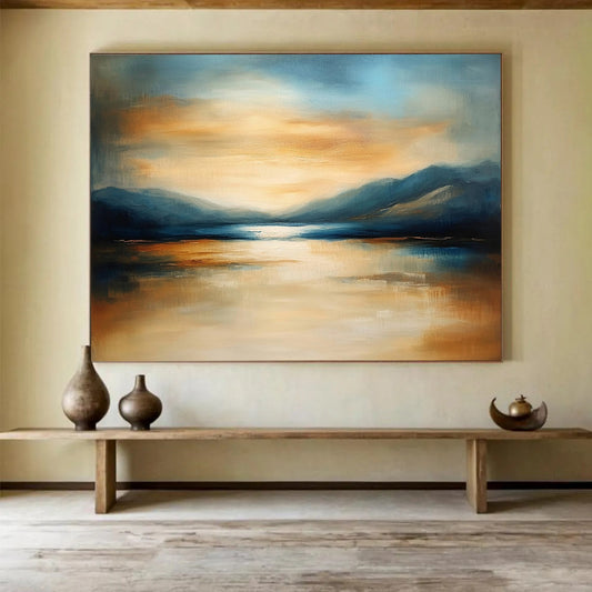 “Mountain Lake Sunset” - Orange, Blue, Beige, Landscape Oil On Canvas HB0703