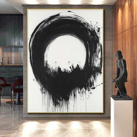 Black Circular Brushstroke with Dripping Paint - “Melting Enso” Painting On Canvas HB247
