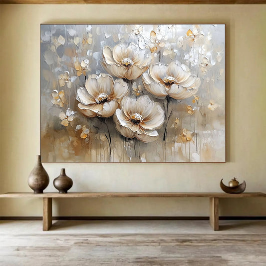 Beige, Gray and White Textured Flowers "Elegant Blooms" Painting On Canvas HB0421