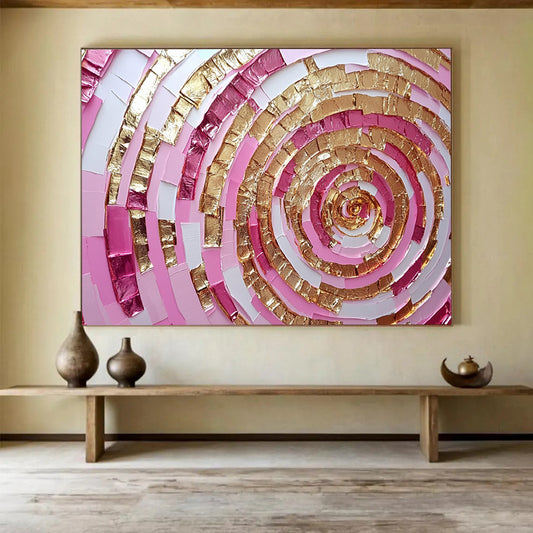 “Pink and Gold Spiral” - Shades of Pink, Gold, White, Layered Spiral Pattern - Mixed - Media Collage HB1727