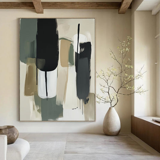 Contemporary hand-painted abstract artwork featuring thick brush strokes in sage green and white with neutral tones and striking black accents. DLZ0775
