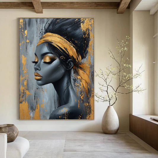 Contemporary abstract art featuring an elegant African woman with black and gold hair on a textured gray background adorned with gold paint splashes. DLZ0570