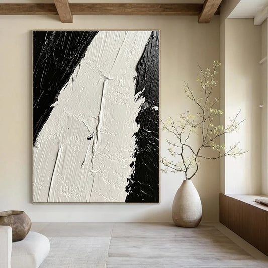 Contemporary hand-painted abstract artwork showcasing intricate white oil paint textures contrasted against deep black tones on canvas. DLZ1745