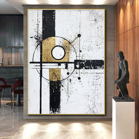 Black, White, Gold, Geometric Fusion "Gilded Geometry" Abstract Cubist - Inspired Painting On Canvas HB103
