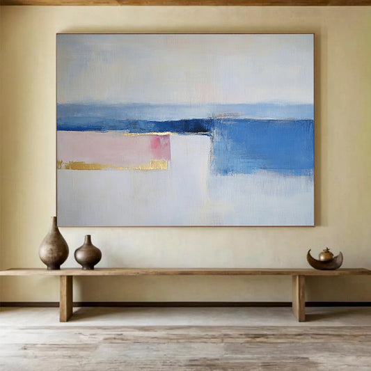 “Soft Horizon” - Blue, Pink, Gold, Minimalist Abstract Landscape Painting On Canvas HB1057