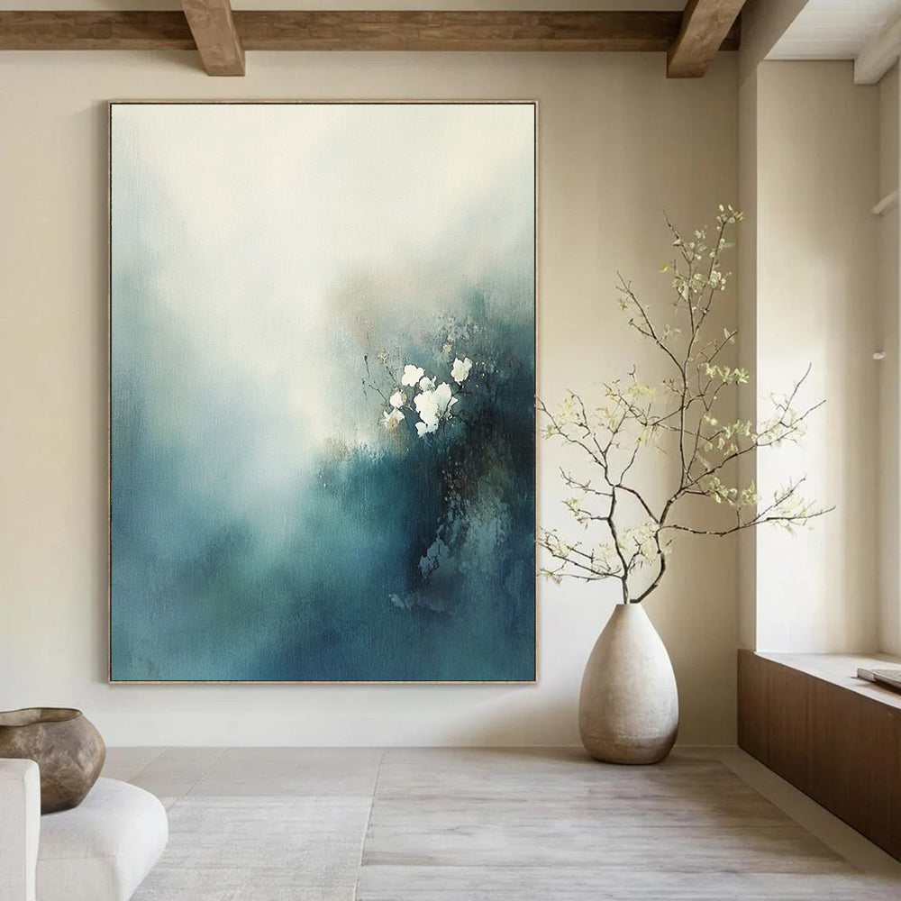 Contemporary hand-painted abstract art features misty clouds and delicate white flowers in blue-green tones, evoking mystery and tranquility with soft textures. DLZ0558