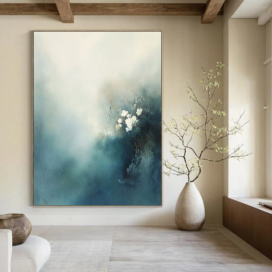 Contemporary hand-painted abstract art features misty clouds and delicate white flowers in blue-green tones, evoking mystery and tranquility with soft textures. DLZ0558