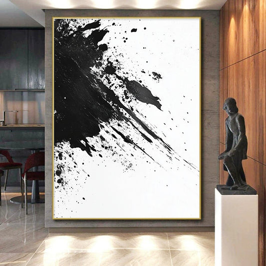 Black and White Energetic Splatter "Dynamic Impact" Painting On Canvas HB300