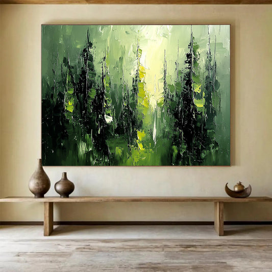 “Green Forest Impasto” - Green, Black, Abstract Trees - Textured Oil Painting HB1486