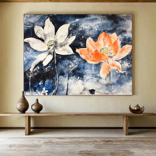 “Lotus Flowers In Blue” - Blue, White, Orange, Ink - Wash Floral Painting On Canvas HB0680