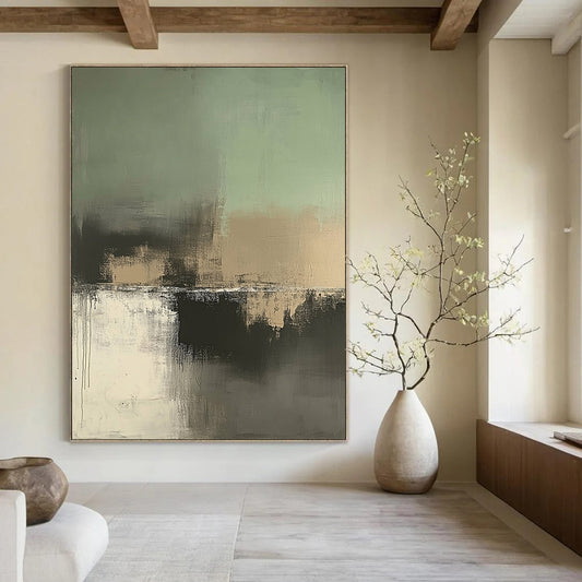 Large contemporary hand-painted abstract artwork featuring soft sage green, beige, and gray tones for a serene and sophisticated aesthetic. DLZ0442