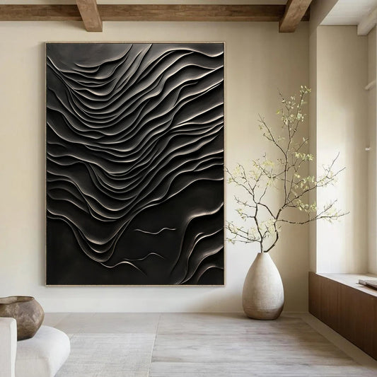 Contemporary hand-painted abstract artwork featuring a dark textured wall with wave-like patterns, evoking deep emotions and hidden depths. DLZ1240