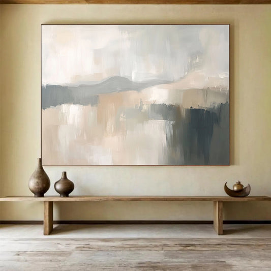 “Ethereal Gray Landscape” - Soft Grays, Beiges, and Whites, Dreamy Abstract Landscape with Hints of Water Painting On Canvas HB0914