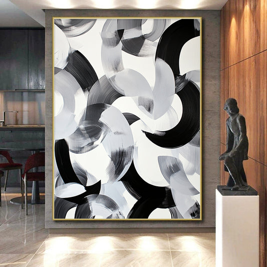 Black & Gray Intertwined Curves - “Fluid Ink Harmony” Painting On Canvas HB239