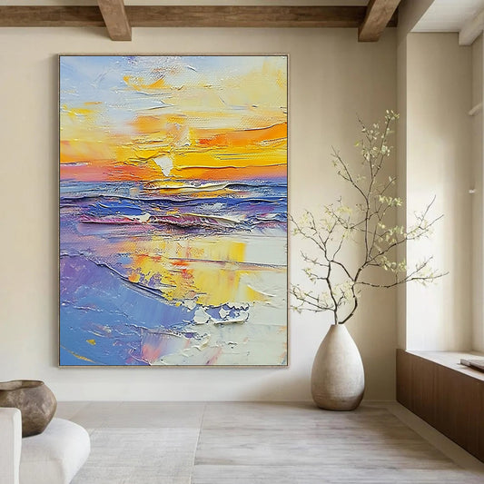 Contemporary large abstract painting showcasing vibrant sunset beach colors in white, blue, yellow, purple, light orange, and pink with palette knife technique. DLZ0647