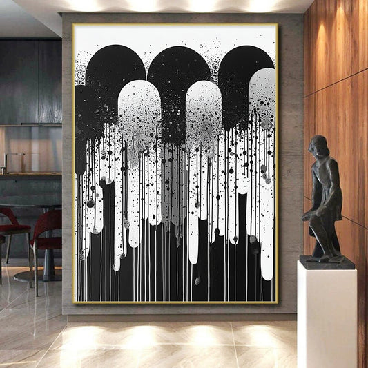 Black, White and Gray Dripping Shapes "Moody Meltdown" Painting On Canvas HB285