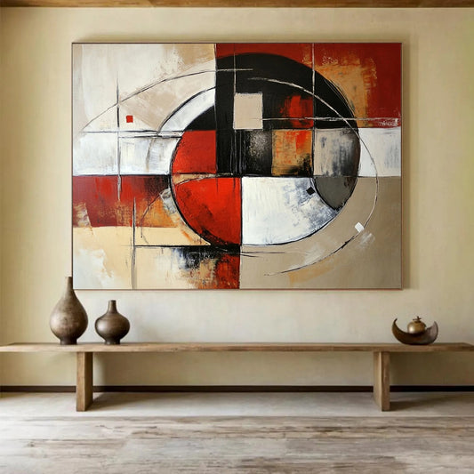 “Circular Geometric Abstract” - Red, black, white, beige, gray; Circular and linear geometric abstract; Acrylic Painting On Canvas HB1242