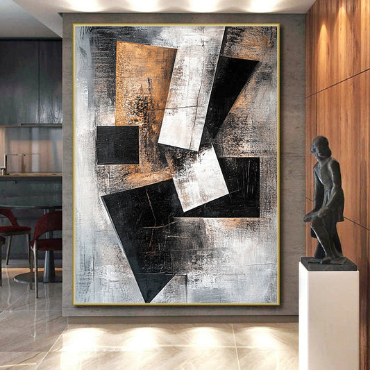 Gray, Black, White, Brown, Geometric Shapes "Industrial Puzzle" Abstract Cubist - Inspired Painting On Canvas HB059