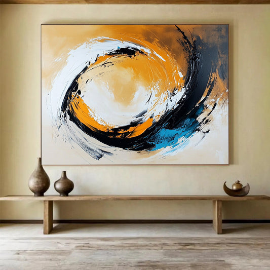 “Dynamic Swirl in Orange, Black, White, and Blue” - Orange, black, white, blue; Abstract swirling brushstrokes; Acrylic Painting On Canvas HB1232