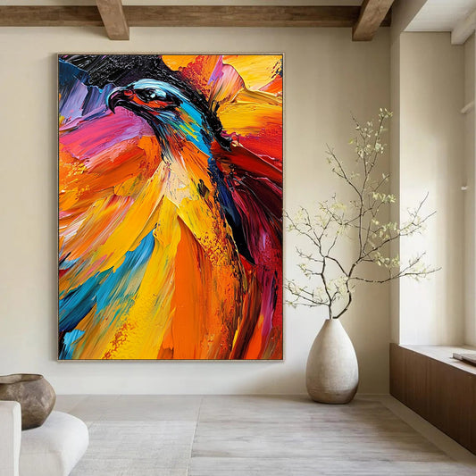 Vibrant contemporary abstract painting featuring an eagle with dynamic brushstrokes bold colors and warm tones creating an energetic mood on canvas. DLZ0575