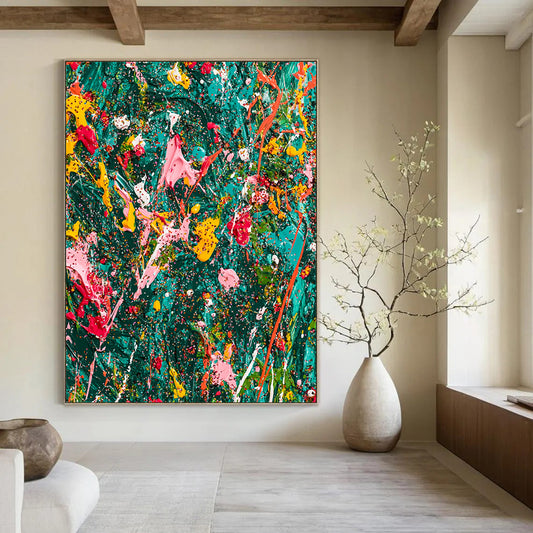 Vibrant abstract expressionist painting on teal canvas showcasing chaotic splattered paint and glitter with rich colors and dynamic brushwork in a jungle-green background. DLZ1178